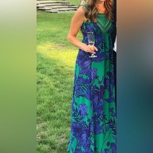 Anthropologie Floral Green and Blue Maxi Dress Size 0